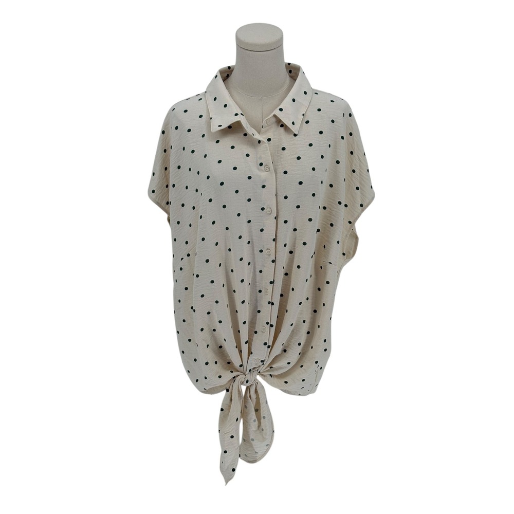 C by‎ One Women's 3X Polka Dot Tie Front Collared Shirt Top Cream